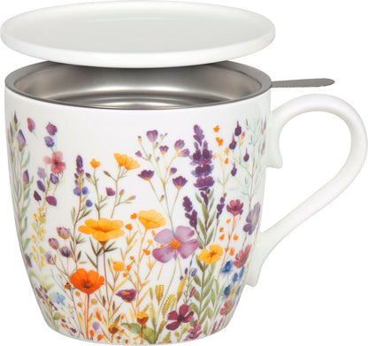 KÖNITZ 115S572954 Becher Blumenwiese 425 ml mit Sieb und Deckel, Bone China Porzellan