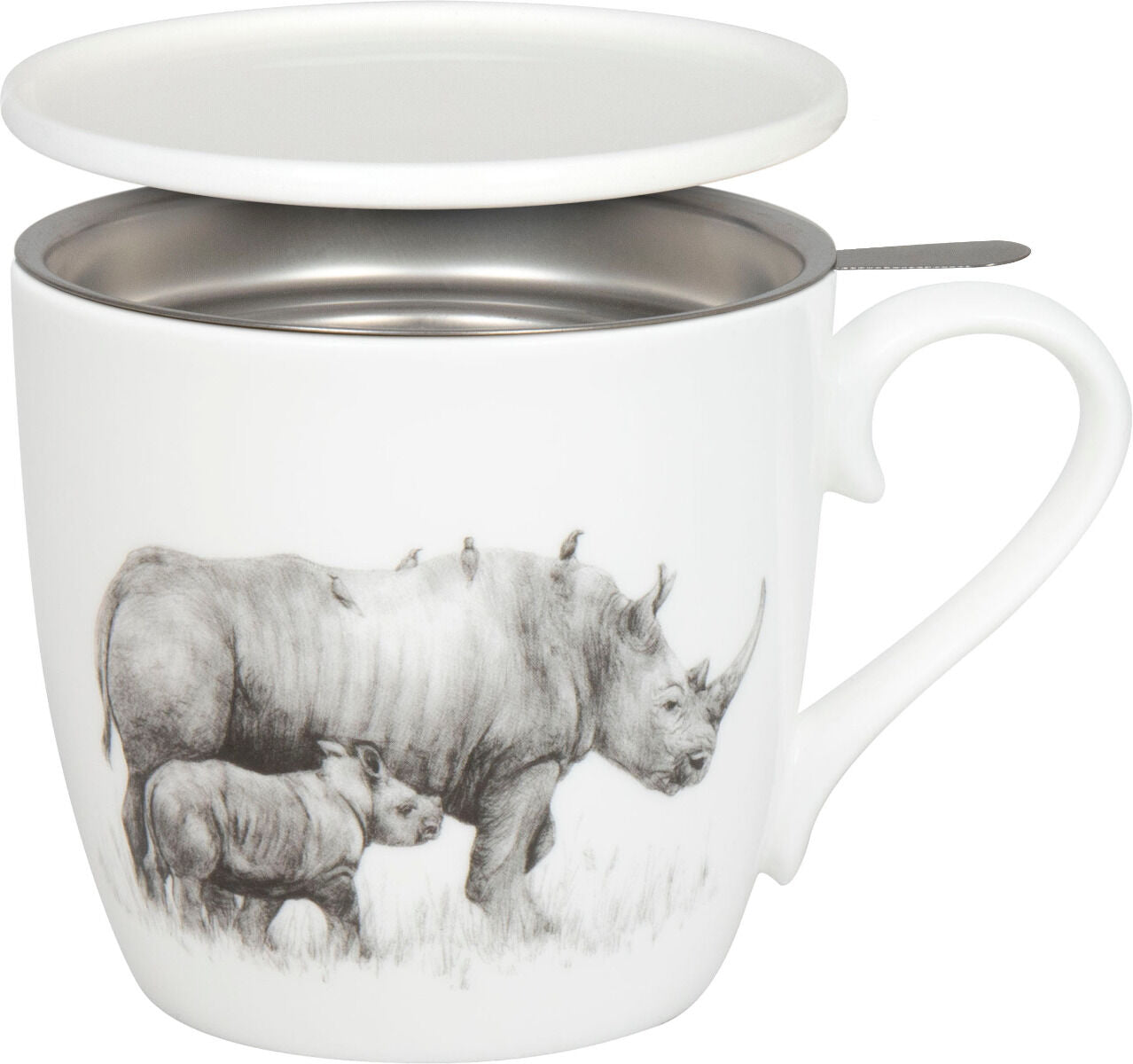 KÖNITZ 115S572955 Becher AMAZING ANIMALS Nashörner 425 ml mit Sieb und Deckel, Bone China Porzellan / Design Vanessa…