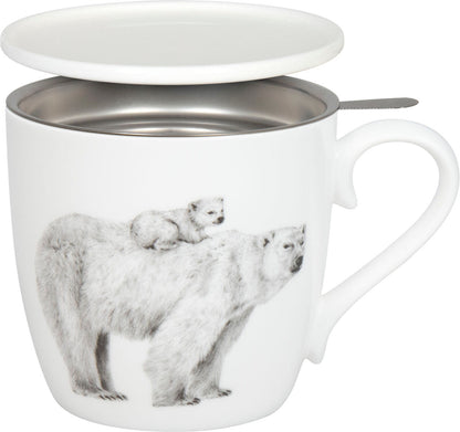 KÖNITZ 115S572956 Becher AMAZING ANIMALS Eisbären 425 ml mit Sieb und Deckel, Bone China Porzellan / Design Vanessa Kahl