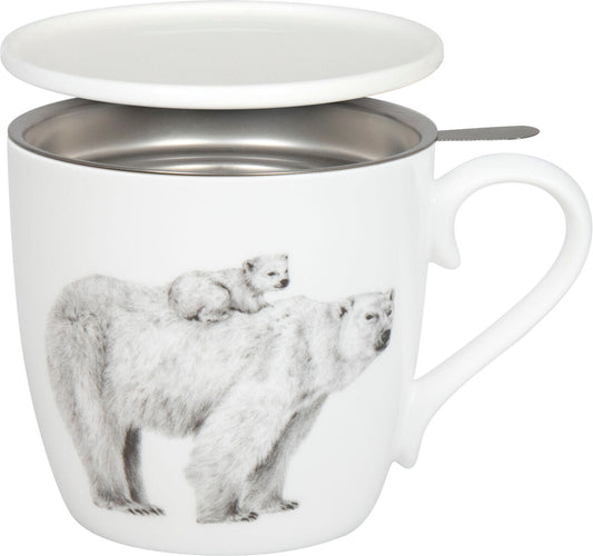 KÖNITZ 115S572956 Becher AMAZING ANIMALS Eisbären 425 ml mit Sieb und Deckel, Bone China Porzellan / Design Vanessa Kahl