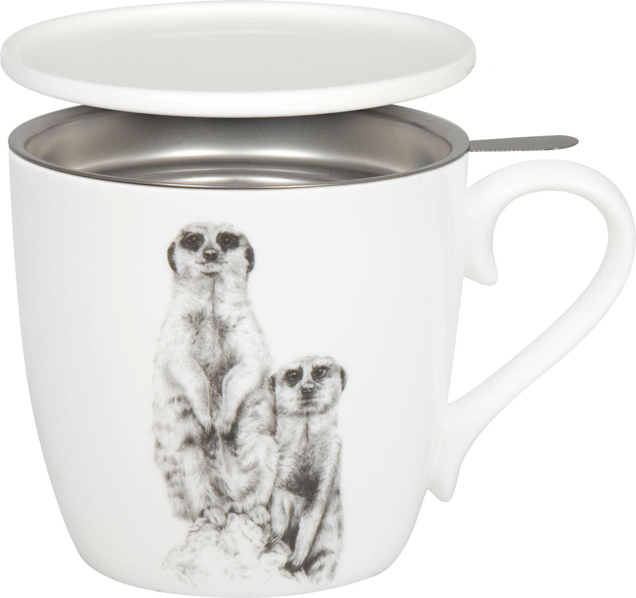 KÖNITZ 115S572957 Becher AMAZING ANIMALS Erdmännchen 425 ml mit Sieb und Deckel, Bone China Porzellan / Design Vanessa…