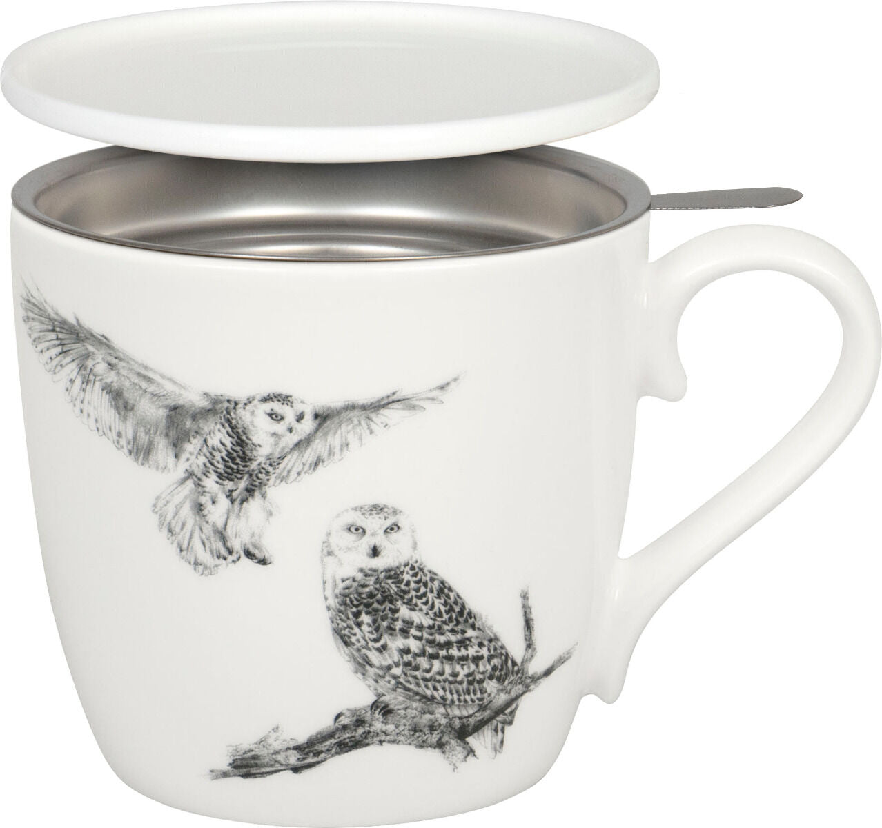 KÖNITZ 115S572986 Becher AMAZING ANIMALS Schneeeule 425 ml mit Sieb und Deckel, Bone China Porzellan / Design Vanessa…