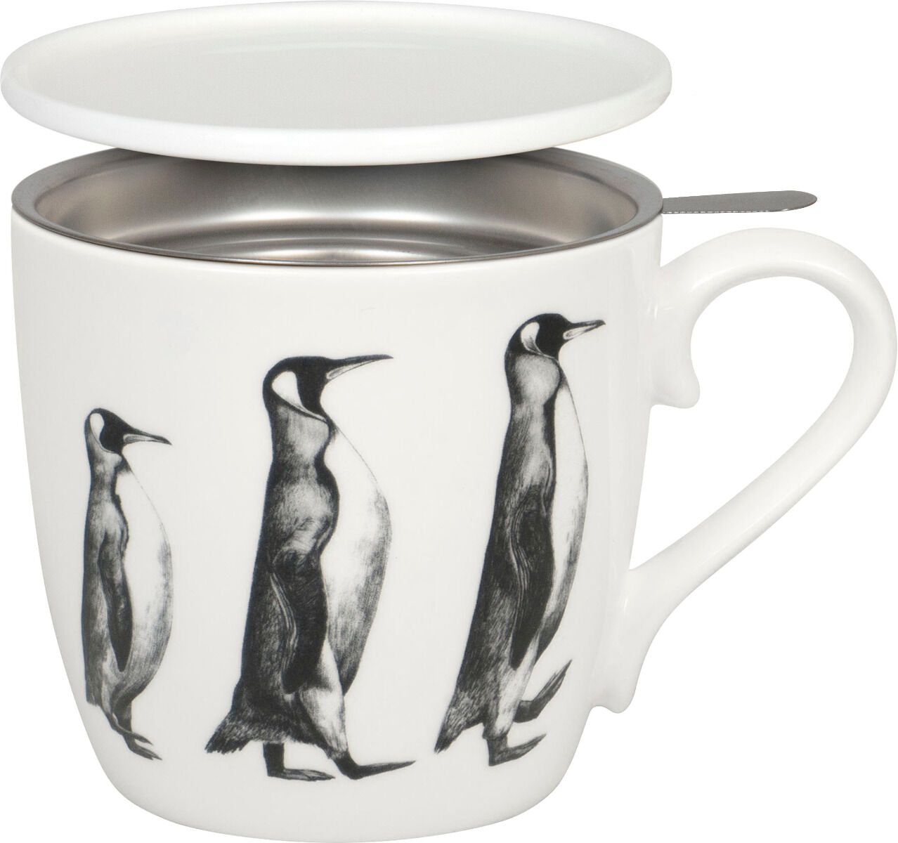 KÖNITZ 115S572987 Becher AMAZING ANIMALS Pinguin 425 ml mit Sieb und Deckel, Bone China Porzellan / Design Vanessa Kahl