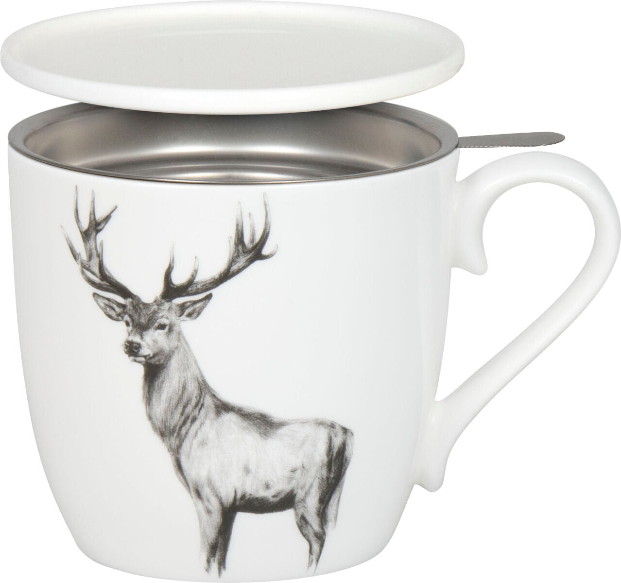 KÖNITZ 115S573019 Becher AMAZING ANIMALS Hirsch 425 ml mit Sieb und Deckel, Bone China Porzellan / Design Vanessa Kahl