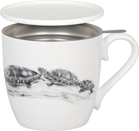 KÖNITZ 115S573020 Becher AMAZING ANIMALS Schildkröten 425 ml mit Sieb und Deckel, Bone China Porzellan / Design Vanessa…