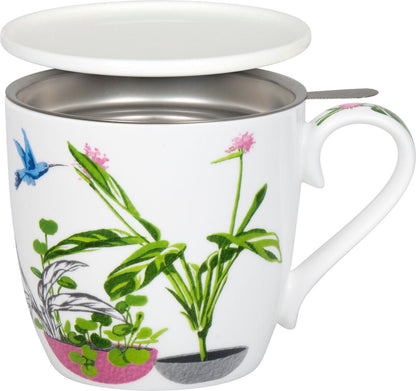 KÖNITZ 115S573021 Becher Urban Jungle - Birds of Paradise 425 ml mit Sieb und Deckel, Bone China Porzellan