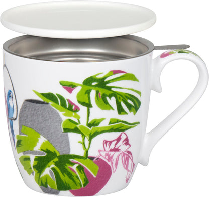 KÖNITZ 115S573022 Becher Urban Jungle - Monstera 425 ml mit Sieb und Deckel, Bone China Porzellan