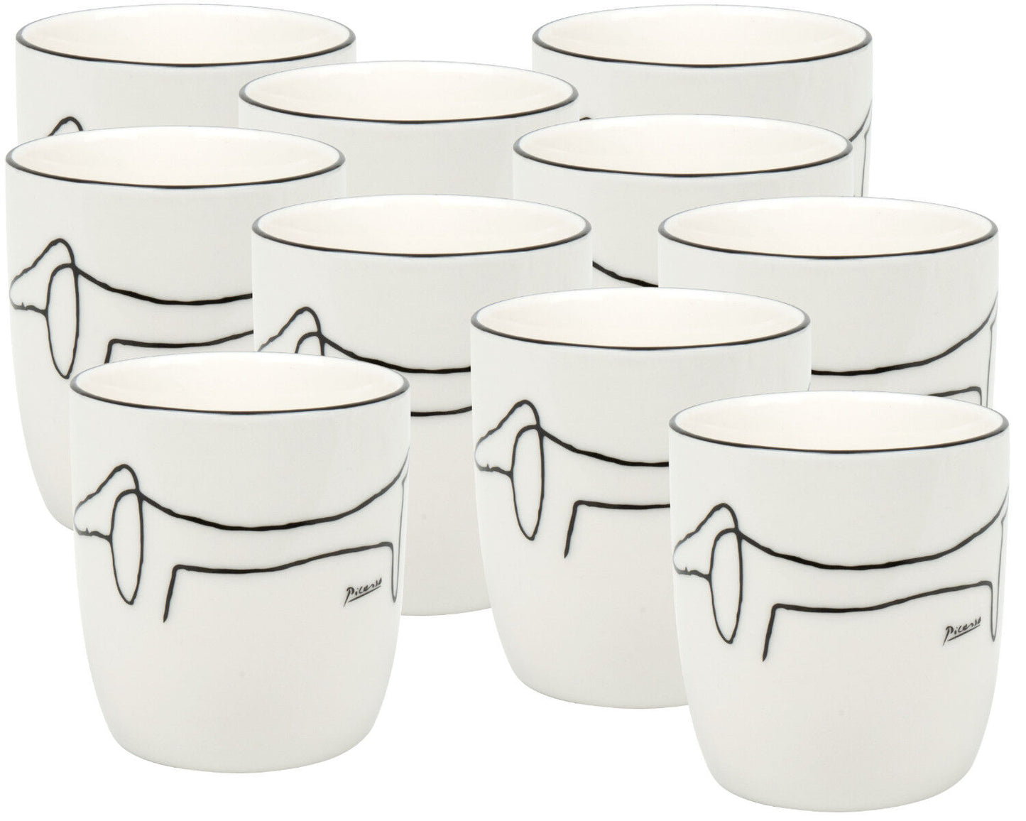 10er SET KÖNITZ 1172682770 Becher PICASSO - Le Chien (Der Hund) - 200 ml aus New Bone China Porzellan