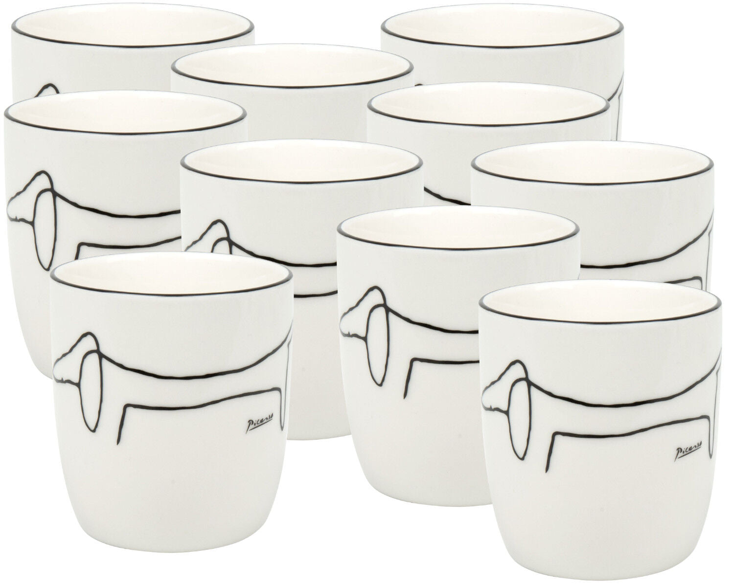 10er SET KÖNITZ 1172682770 Becher PICASSO - Le Chien (Der Hund) - 200 ml aus New Bone China Porzellan