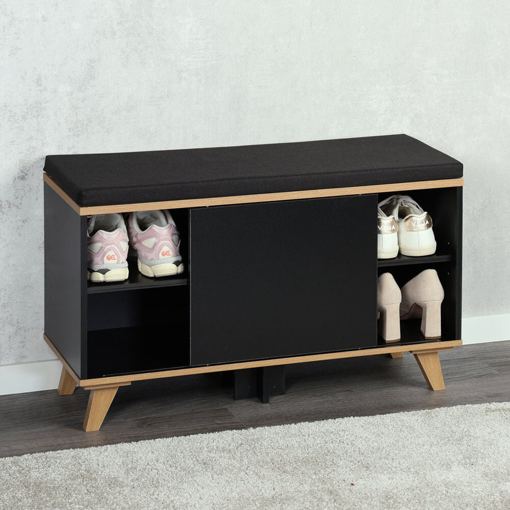 KESPER 1594313 Schuhschrank mit Sitzkissen, schwarz, 77 x 30 x 48 cm