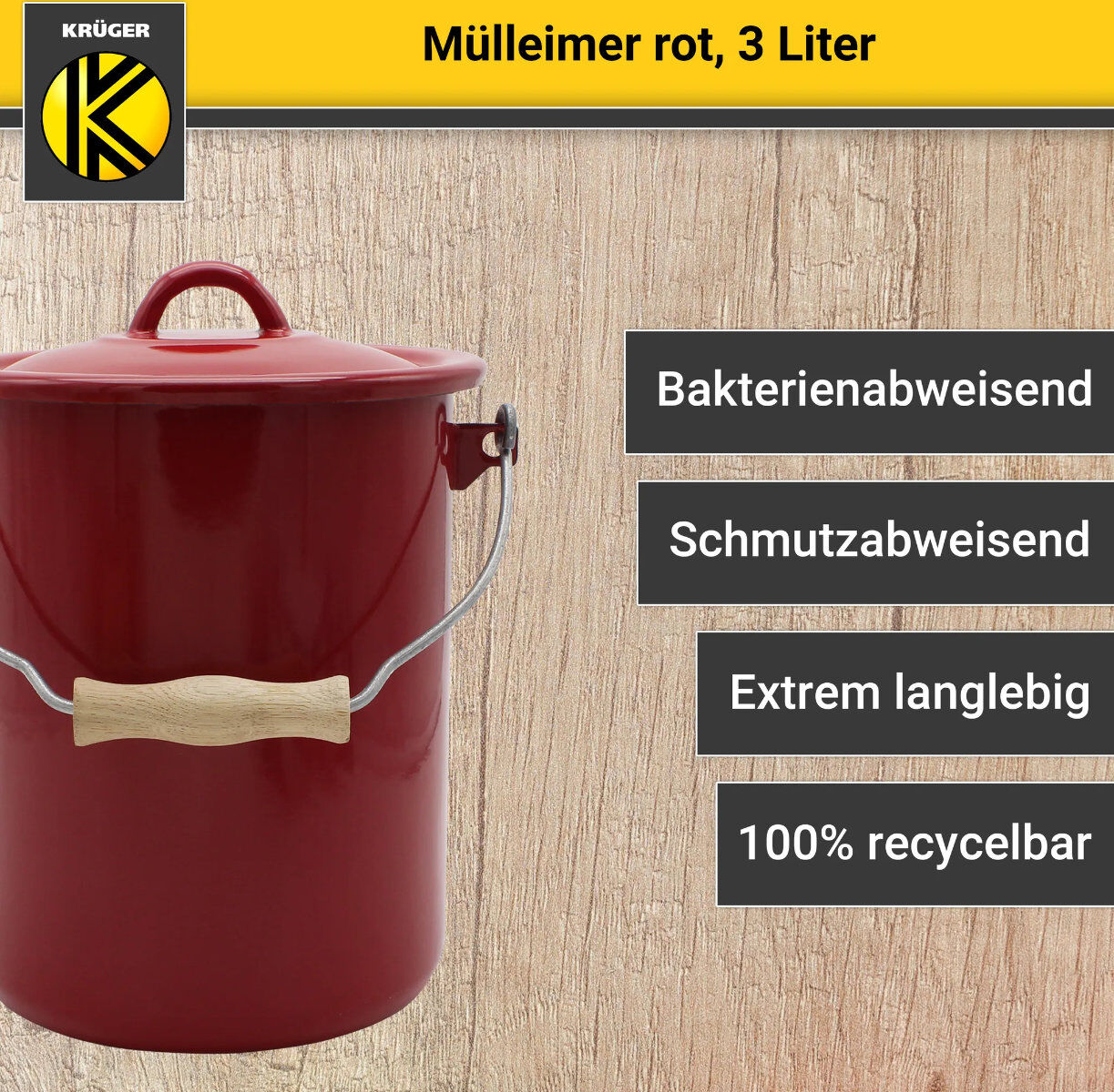 Karl Krüger M3R Mülleimer mit Deckel 3 Liter aus Haushaltemaille in Rot