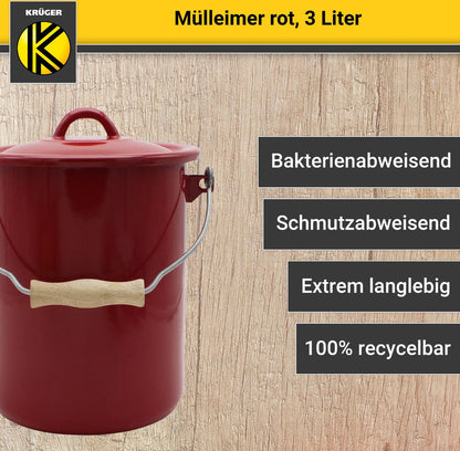 Karl Krüger M3R Mülleimer mit Deckel 3 Liter aus Haushaltemaille in Rot