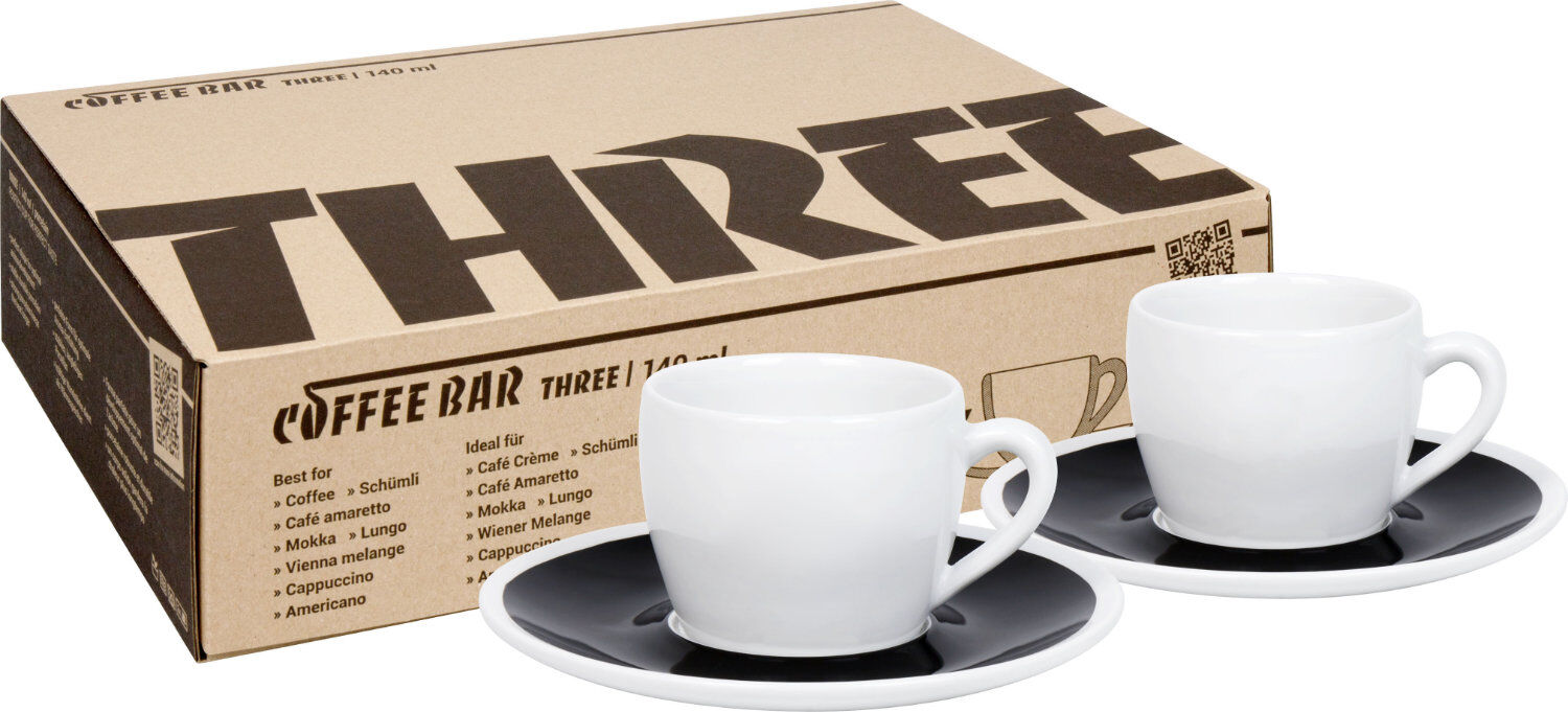 KÖNITZ 2er Set Coffee Bar THREE Kaffeetasse mit Untertasse 140 ml Black & White im Geschenkkarton