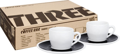 KÖNITZ 2er Set Coffee Bar THREE Kaffeetasse mit Untertasse 140 ml Black & White im Geschenkkarton