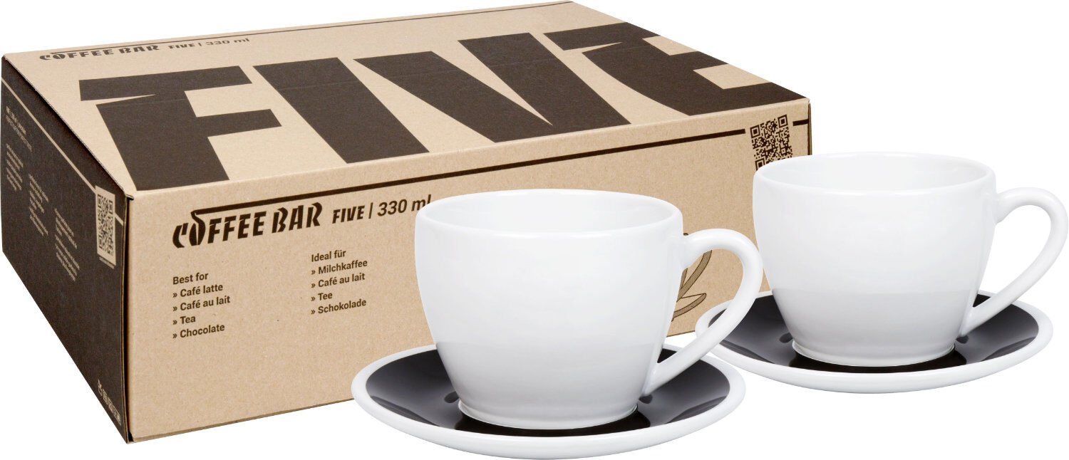 KÖNITZ 2er Set Coffee Bar FIVE Kaffeetasse mit Untertasse 330 ml Black & White im Geschenkkarton