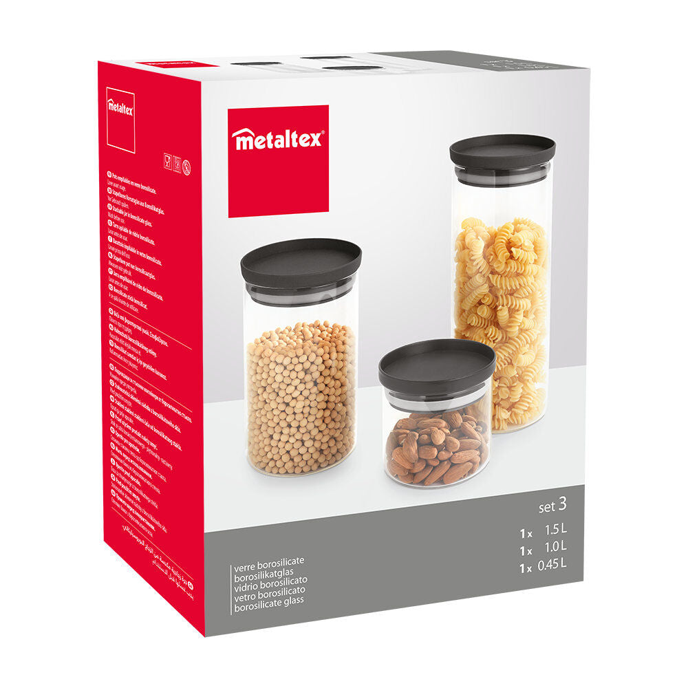 METALTEX 187220000 Aroma Line 3er Set Vorratsgläser rund 450 + 1000 + 1500 ml aus Borosilikatglas, Deckel mit Silikondichtung, stapelbar