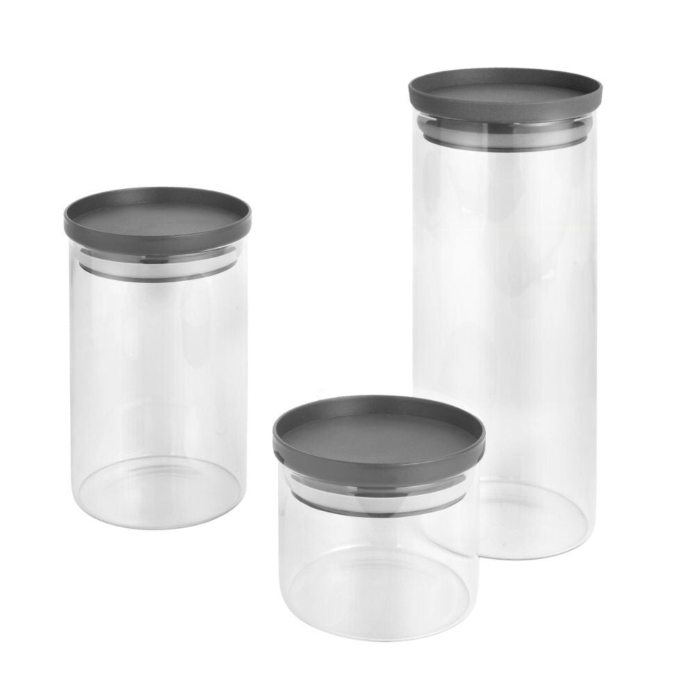 METALTEX 187220000 Aroma Line 3er Set Vorratsgläser rund 450 + 1000 + 1500 ml aus Borosilikatglas, Deckel mit Silikondichtung, stapelbar