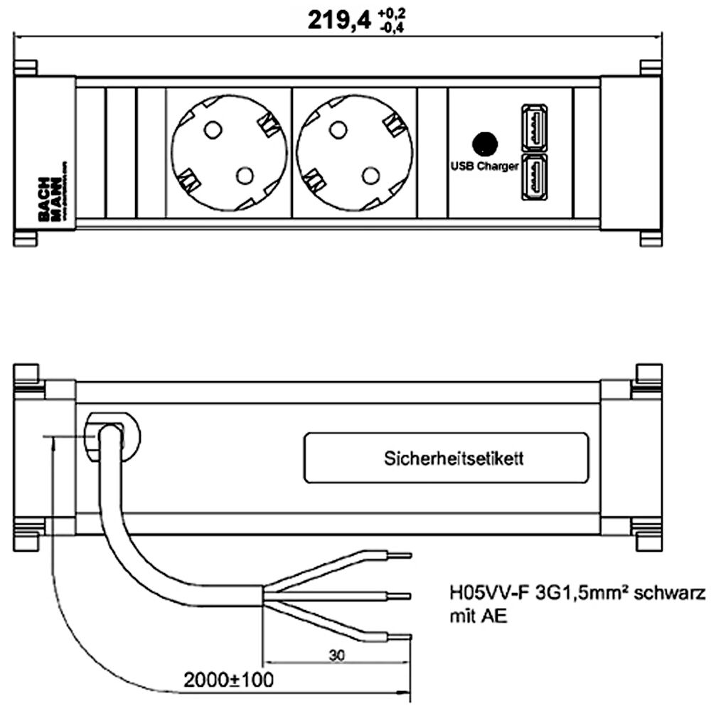 BACHMANN Alu Schuko-Steckdoseneinheit 2-fach mit 2-fach USB-Charger / Steckdosenleiste / Tisch-Steckdosen /… – Bild 2