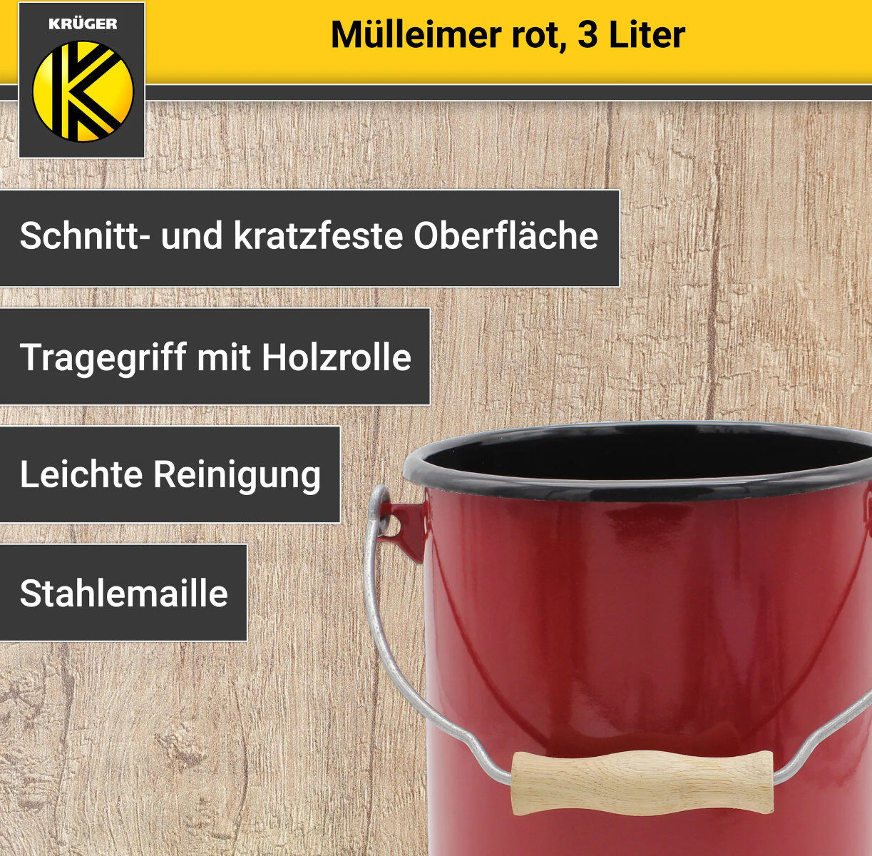 Karl Krüger M3R Mülleimer mit Deckel 3 Liter aus Haushaltemaille in Rot