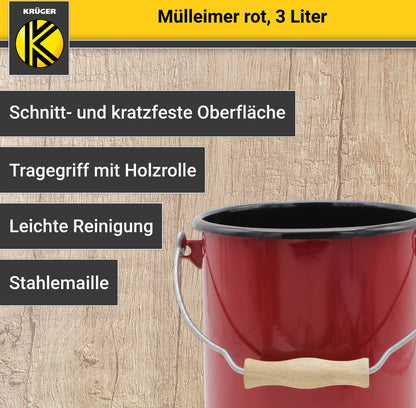 Karl Krüger M3R Mülleimer mit Deckel 3 Liter aus Haushaltemaille in Rot
