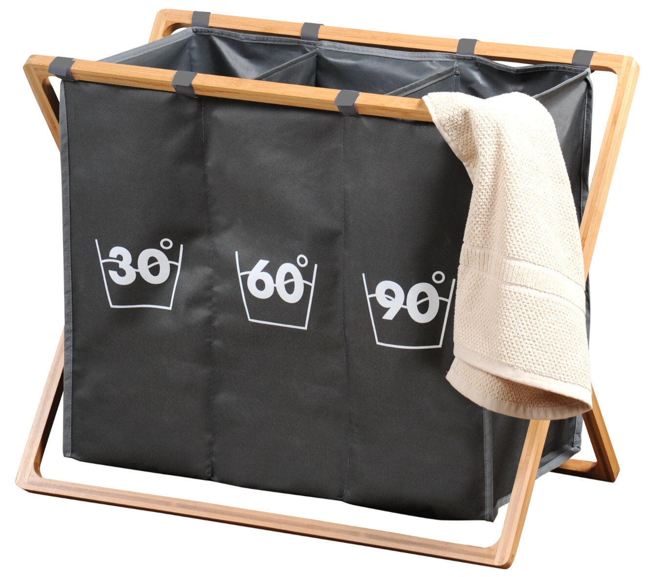 KESPER Wäschesortierer 19597 mit Rahmen aus Bambus und 3 Fächern / Wäschesammler / Waschsack