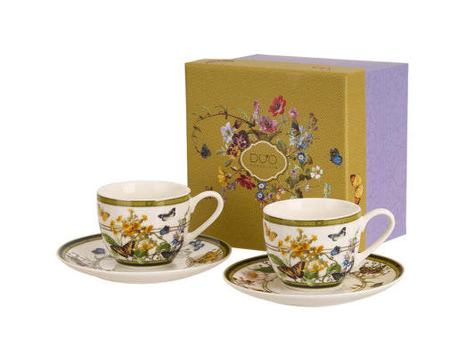 DUO 2er-Set Espressotassen FLORAL RHAPSODY, 90 ml mit Untertassen, New Bone China Porzellan