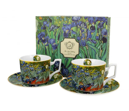DUO ART GALLERY 2er-Set Luxus Tassen 270 ml IRISES inspired by Van Gogh, mit Untertassen, New Bone China Porzellan