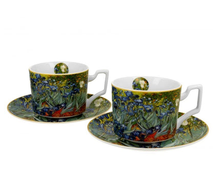 DUO ART GALLERY 2er-Set Luxus Tassen 270 ml IRISES inspired by Van Gogh, mit Untertassen, New Bone China Porzellan – Bild 2