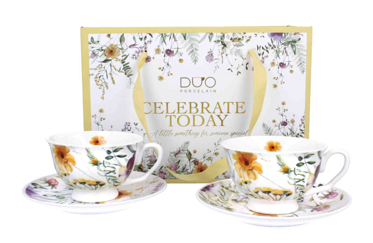 DUO 2er-Set Tassen PANSY, 250 ml mit Untertassen, New Bone China Porzellan, in Geschenkbox