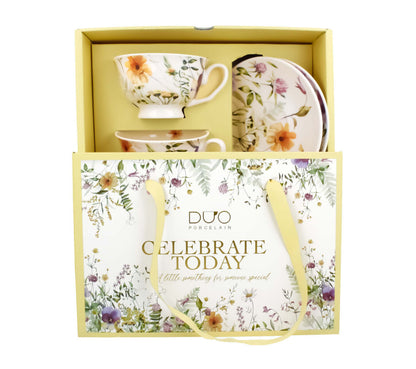 DUO 2er-Set Tassen PANSY, 250 ml mit Untertassen, New Bone China Porzellan, in Geschenkbox