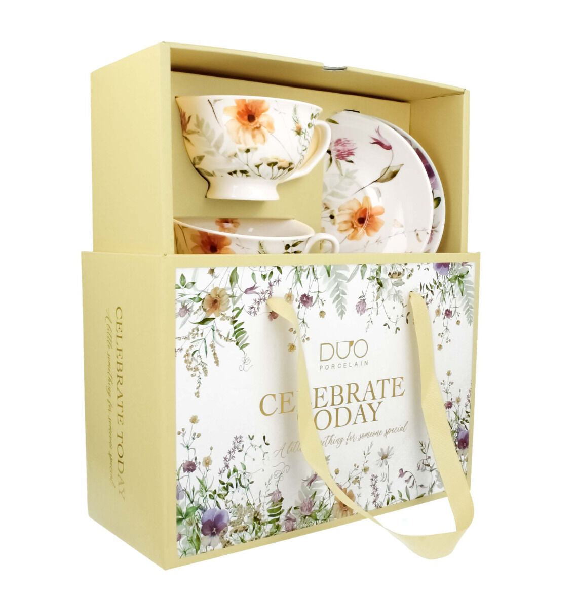 DUO 2er-Set Tassen PANSY, 250 ml mit Untertassen, New Bone China Porzellan, in Geschenkbox