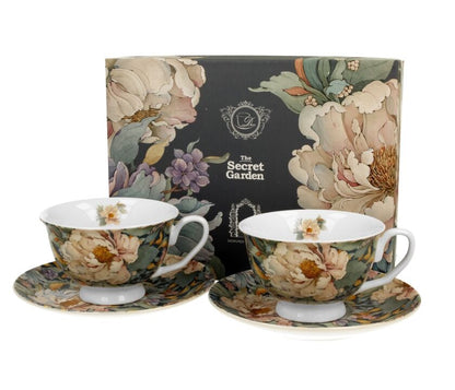 DUO FLOWERS ROYAL 2er-Set Tassen 250 ml PEONY BLUE (Pfingstrose) mit Untertassen, New Bone China Porzellan