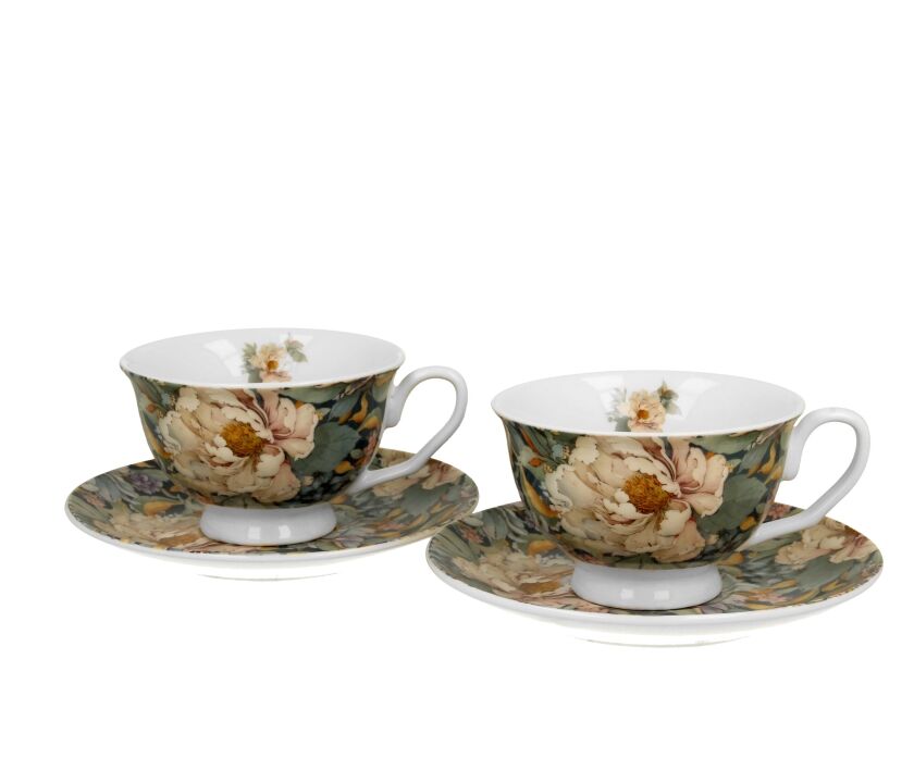 DUO FLOWERS ROYAL 2er-Set Tassen 250 ml PEONY BLUE (Pfingstrose) mit Untertassen, New Bone China Porzellan – Bild 2