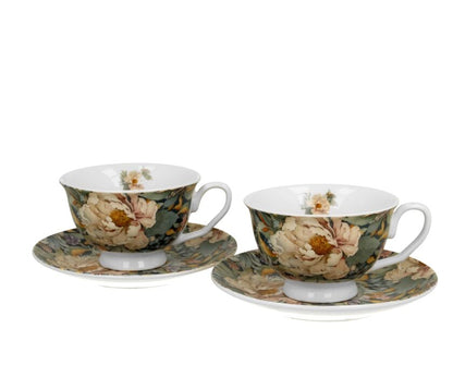 DUO FLOWERS ROYAL 2er-Set Tassen 250 ml PEONY BLUE (Pfingstrose) mit Untertassen, New Bone China Porzellan – Bild 2