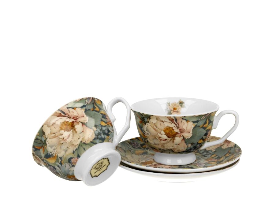 DUO FLOWERS ROYAL 2er-Set Tassen 250 ml PEONY BLUE (Pfingstrose) mit Untertassen, New Bone China Porzellan – Bild 3
