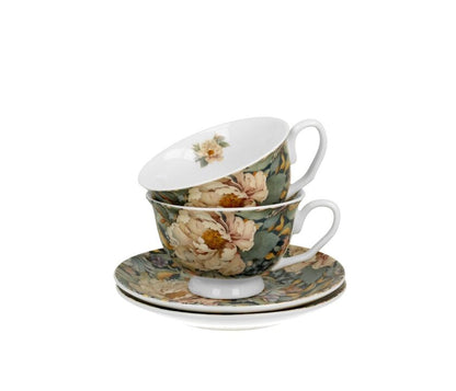 DUO FLOWERS ROYAL 2er-Set Tassen 250 ml PEONY BLUE (Pfingstrose) mit Untertassen, New Bone China Porzellan – Bild 4