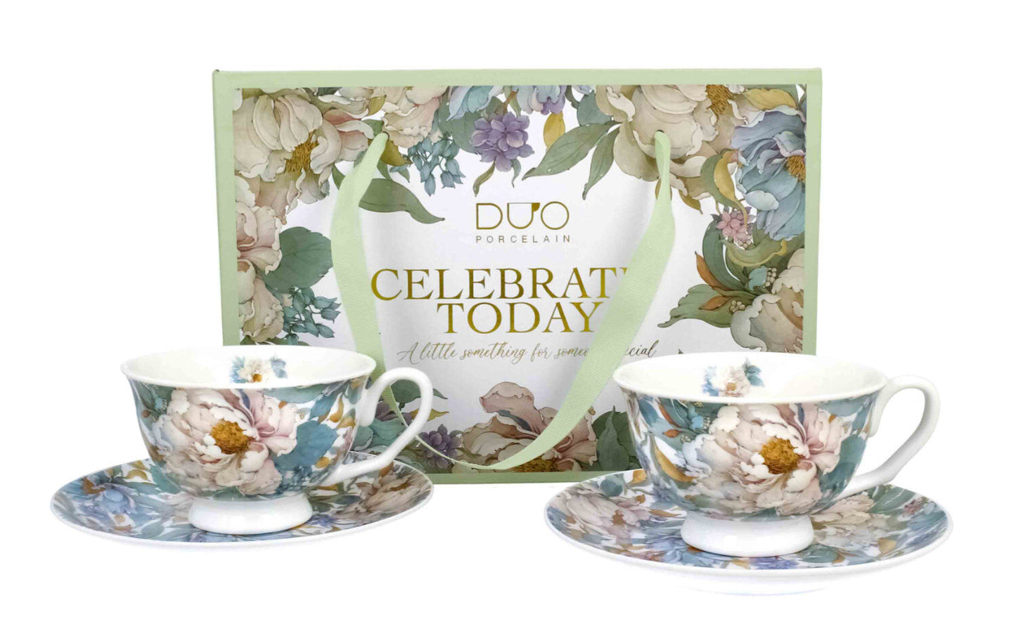 DUO 2er-Set Tassen PEONY WHITE, 250 ml mit Untertassen, New Bone China Porzellan, in Geschenkbox