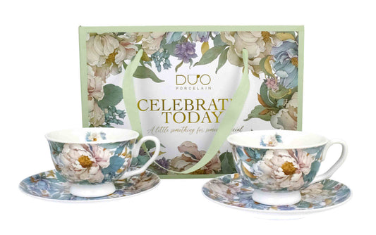 DUO 2er-Set Tassen PEONY WHITE, 250 ml mit Untertassen, New Bone China Porzellan, in Geschenkbox