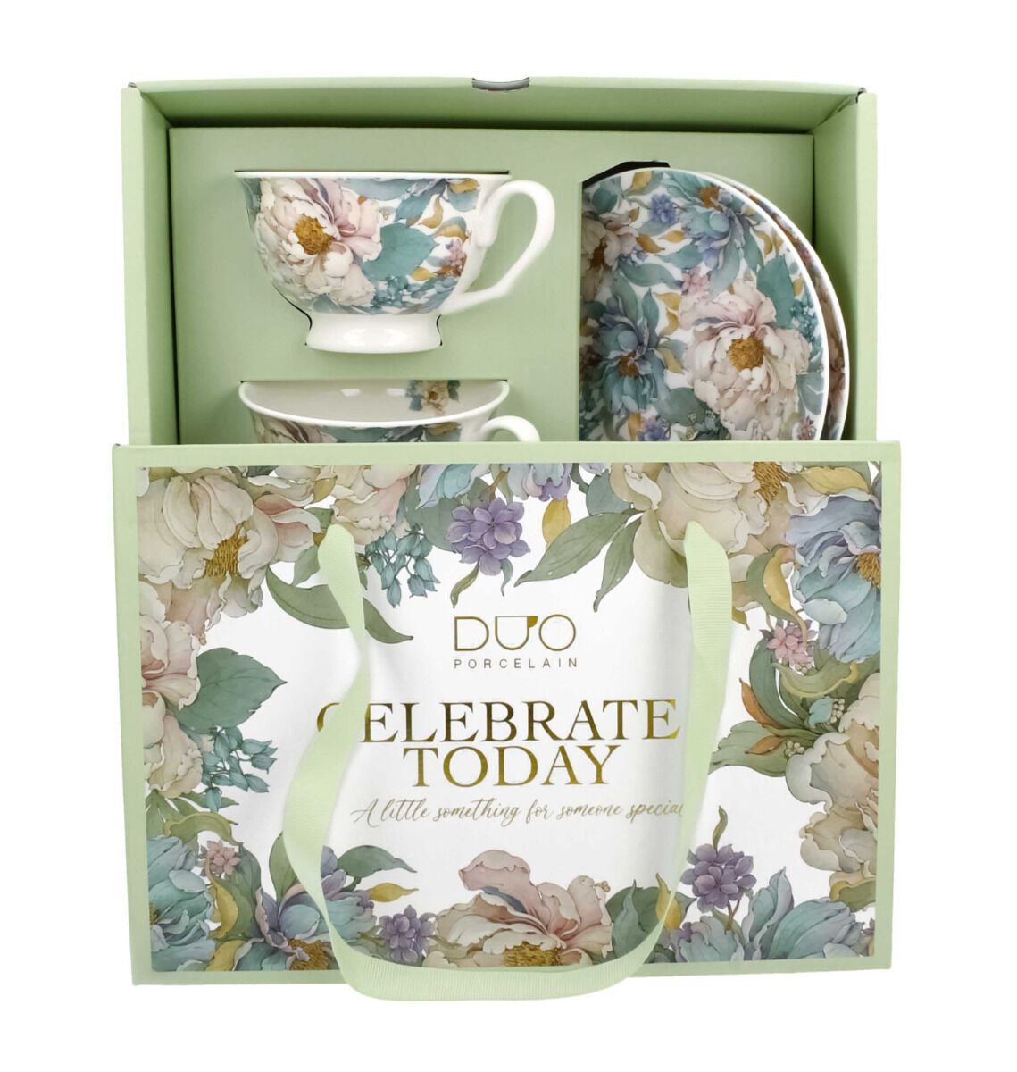 DUO 2er-Set Tassen PEONY WHITE, 250 ml mit Untertassen, New Bone China Porzellan, in Geschenkbox