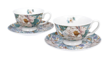 DUO 2er-Set Tassen PEONY WHITE, 250 ml mit Untertassen, New Bone China Porzellan, in Geschenkbox