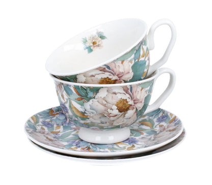 DUO 2er-Set Tassen PEONY WHITE, 250 ml mit Untertassen, New Bone China Porzellan, in Geschenkbox