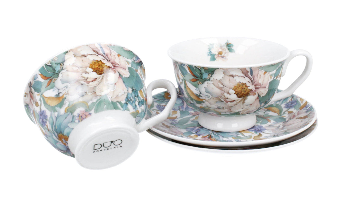 DUO 2er-Set Tassen PEONY WHITE, 250 ml mit Untertassen, New Bone China Porzellan, in Geschenkbox