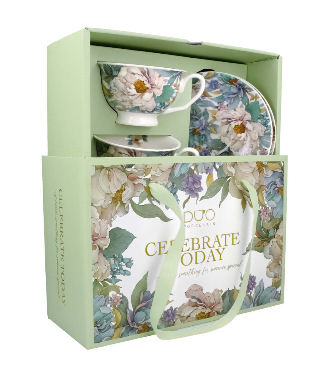 DUO 2er-Set Tassen PEONY WHITE, 250 ml mit Untertassen, New Bone China Porzellan, in Geschenkbox
