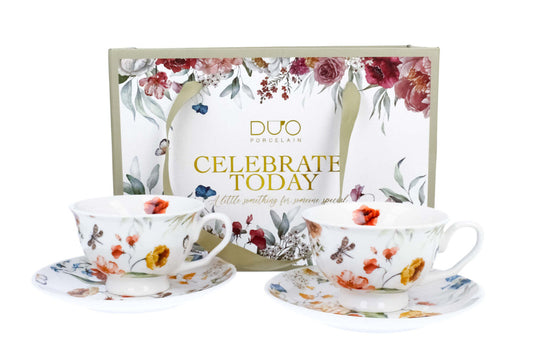 DUO 2er-Set Tassen REBECCA, 250 ml mit Untertassen, New Bone China Porzellan, in Geschenkbox
