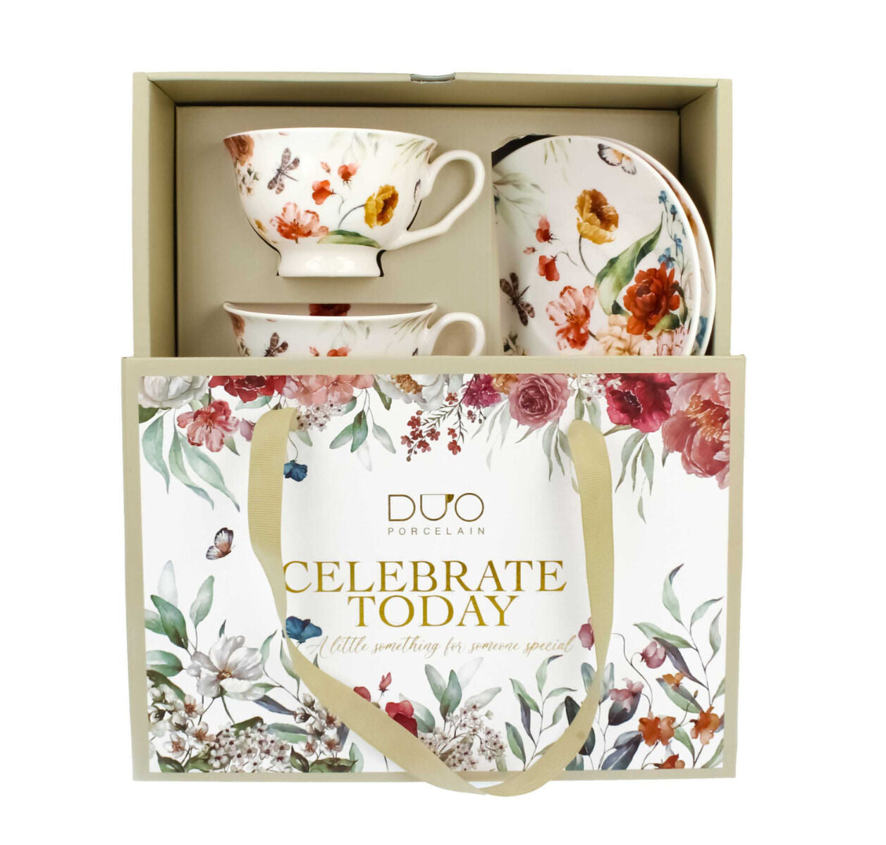 DUO 2er-Set Tassen REBECCA, 250 ml mit Untertassen, New Bone China Porzellan, in Geschenkbox