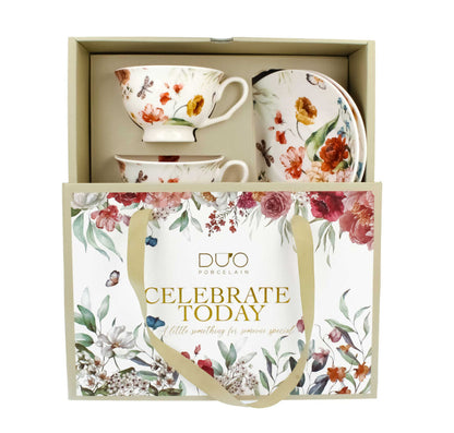 DUO 2er-Set Tassen REBECCA, 250 ml mit Untertassen, New Bone China Porzellan, in Geschenkbox
