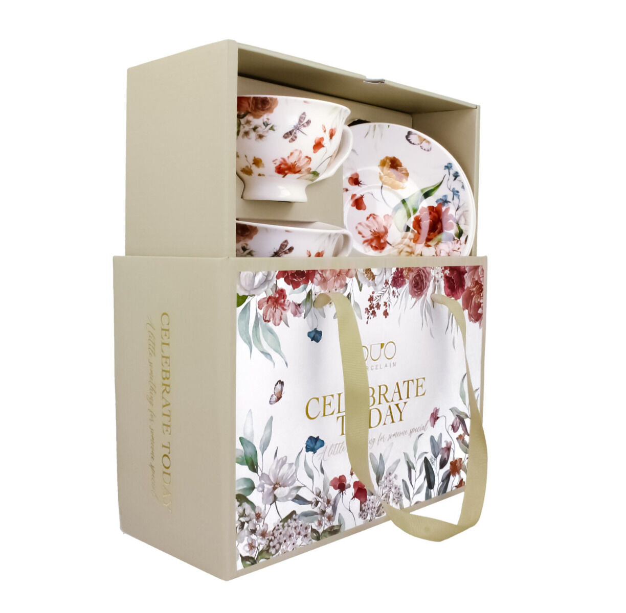 DUO 2er-Set Tassen REBECCA, 250 ml mit Untertassen, New Bone China Porzellan, in Geschenkbox
