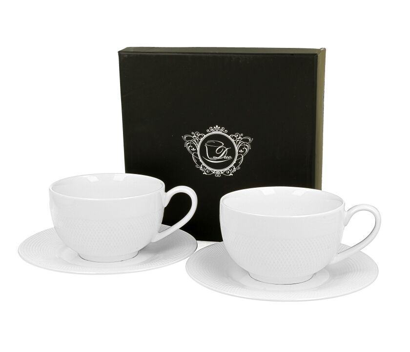 DUO WHITE COLLECTION 2er Set Tasse DIAMOND 250 ml mit Untertasse New Bone China Porzellan