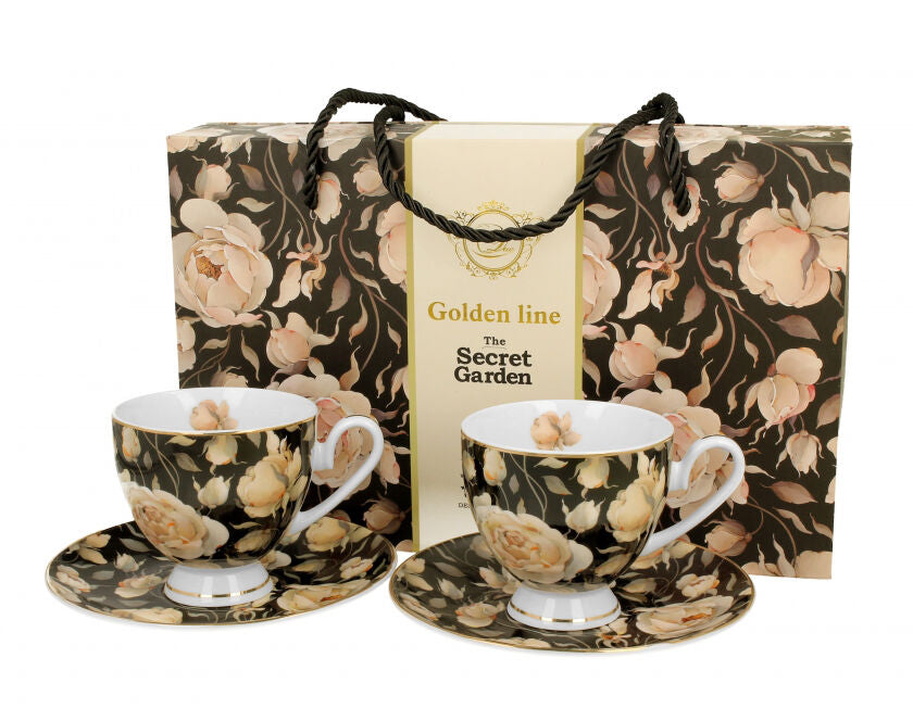 DUO GOLDEN LINE 2er Set Tassen mit Untertassen 220 ml ENGLISH ROSES BLACK, New Bone China Porzellan – Bild 3