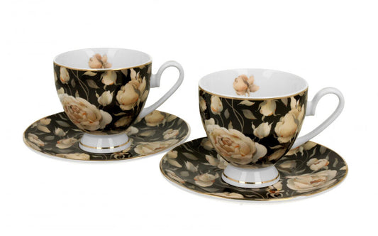 DUO GOLDEN LINE 2er Set Tassen mit Untertassen 220 ml ENGLISH ROSES BLACK, New Bone China Porzellan